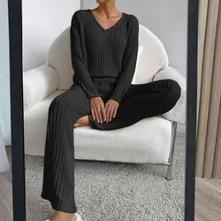 Women Knitted Outfit Cozy Knitted Women's Pajama Set with V Neck Top Wide Leg Trousers Fall Winter Casual Tracksuit for Home