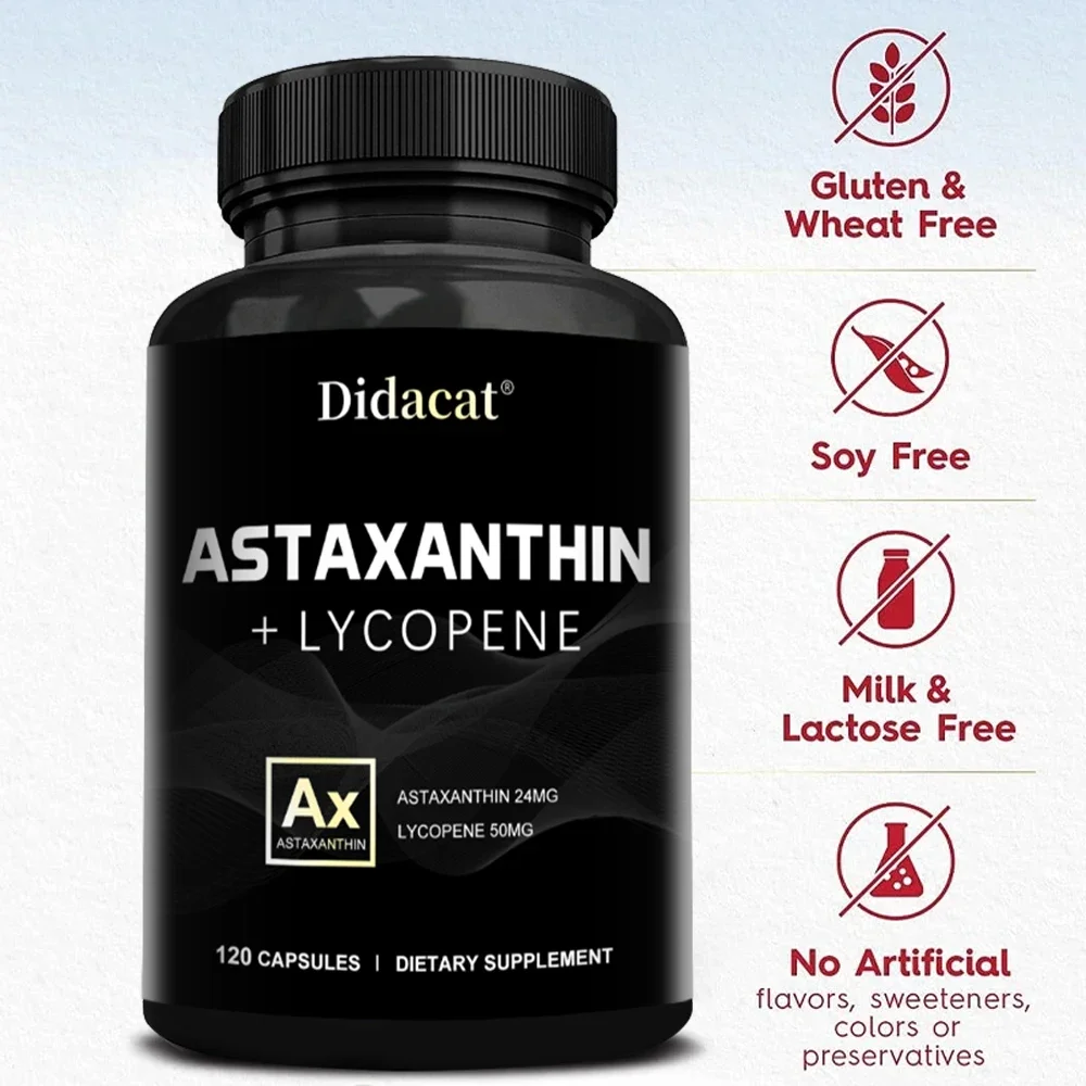 Astaxantina organica 24mg con licopene-visione delle articolazioni salute della prostata, integratore antiossidante, certificato Non ogm, senza glutine