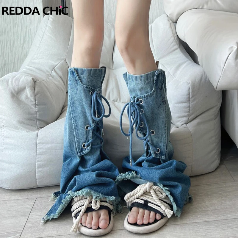 

ReddaChic Lace-up Flare Leg Warmers for Women Y2k Vintage Gradient Blue Denim Boots Cover 90s Retro Raw Edge Cowgirl Streetwear