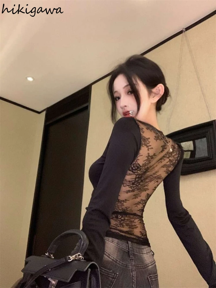 

Y2k Tops Sexy Tshirts Women's Clothes Long Sleeve Patchwork Lace Camisetas Korean Tees Backless Temperament Gauze Floral T-shirt