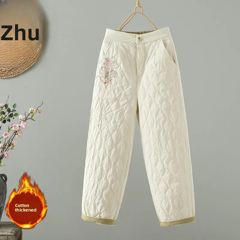 กางเกงขายาวผ้าฝ้ายบุขนเป็ดปักลายสไตล์จีนสำหรับผู้หญิง รุ่นใหม่ ฤดูหนาว ทรงสลิม กระชับสัดส่วน ให้ความอบอุ่น  โซล...