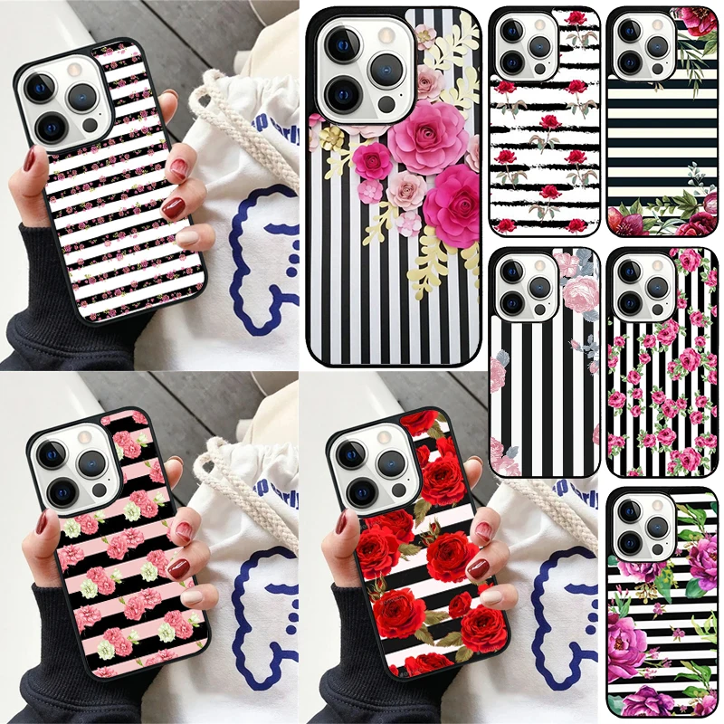 غطاء هاتف بخطوط بيضاء وسوداء مع زهور لهاتف آيفون 17 إير 16 15 14 بلس لهاتف أبل 16 11 12 13 برو ماكس