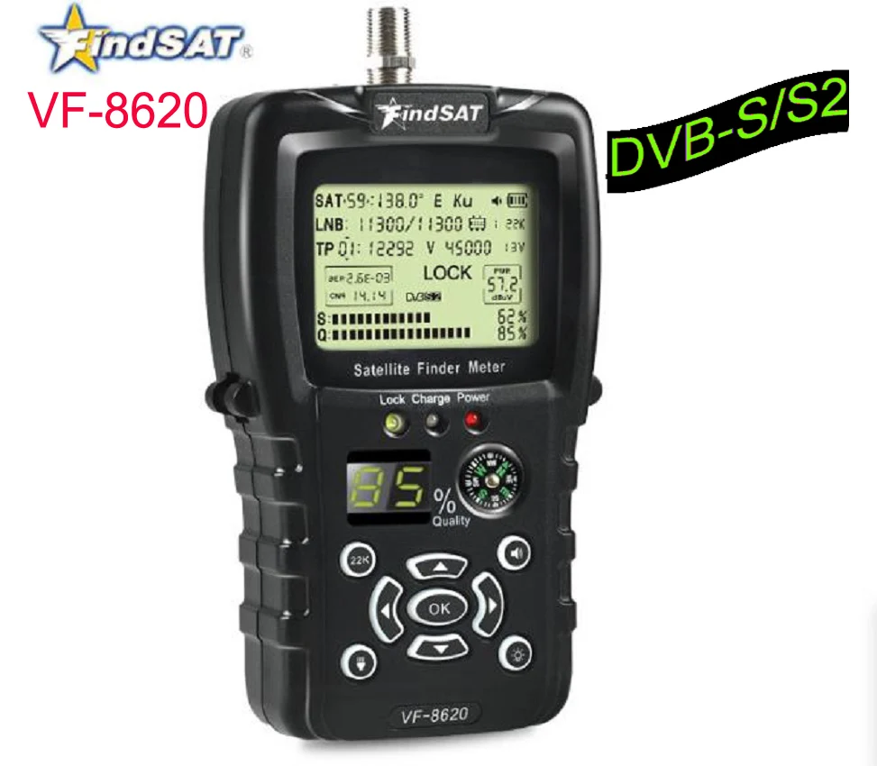 findsat VF-8620 HD Digital Satellite Finder DVB S2/MPEG2 SatFinder Meter h.264 with compass backlit lion battery satlink ws6933