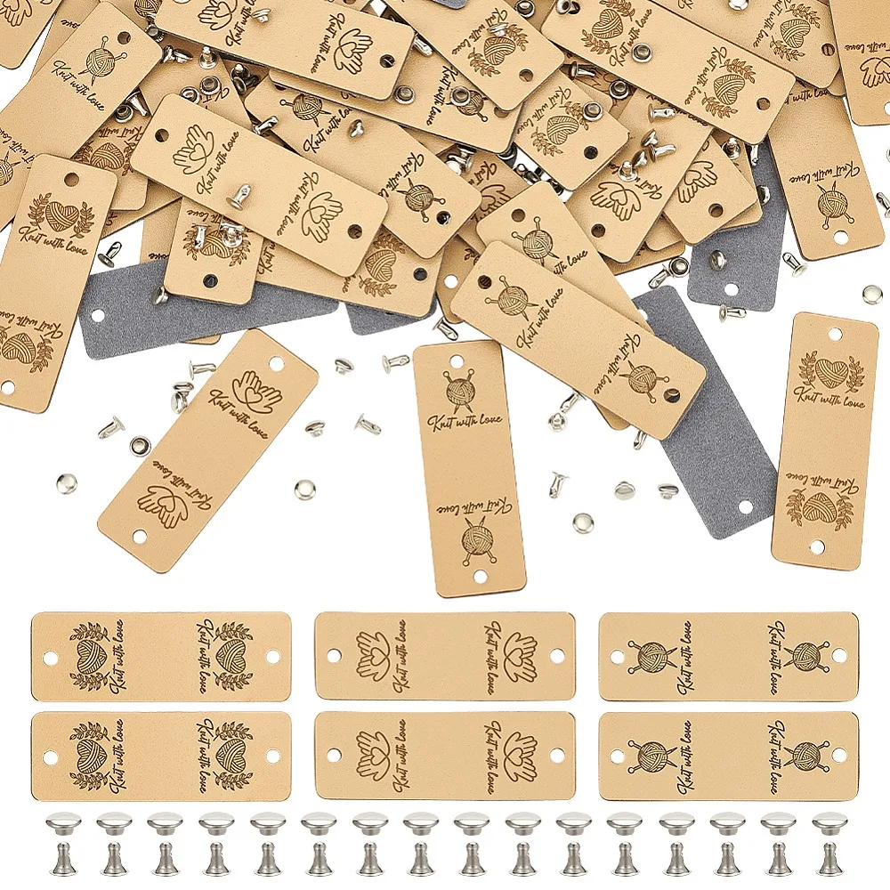 1set 48 sets 3 styles PU Leather Clothing Blank Labels with Iron Rivets Beige 56.5x19.5x1.5mm Hole: 3mm 16 sets/style