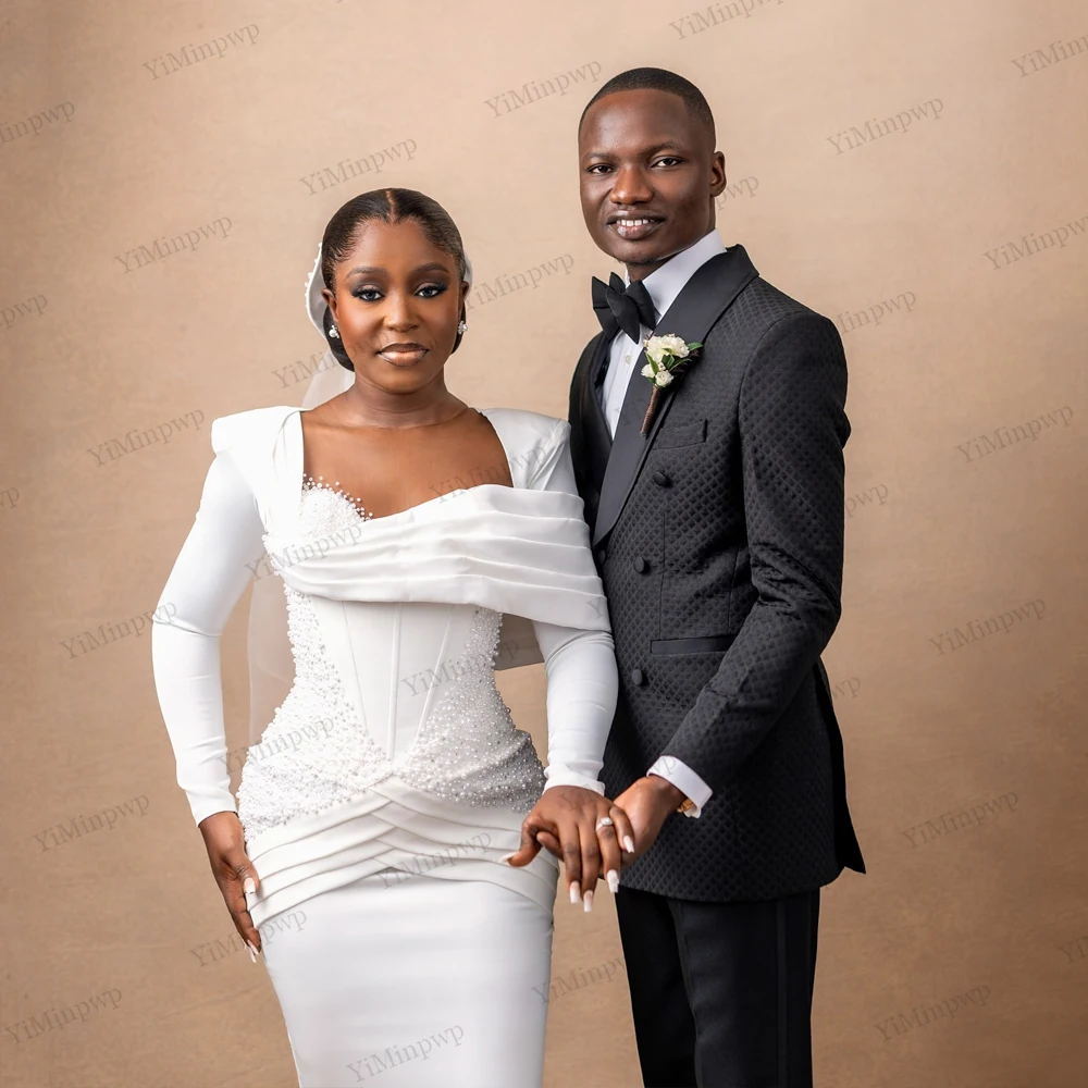 Civil White Wedding Dresses for Bride Sheer Neck Long Sleeves Tea Length Pearls Corset Nigeria Court Bridal Gown Customized