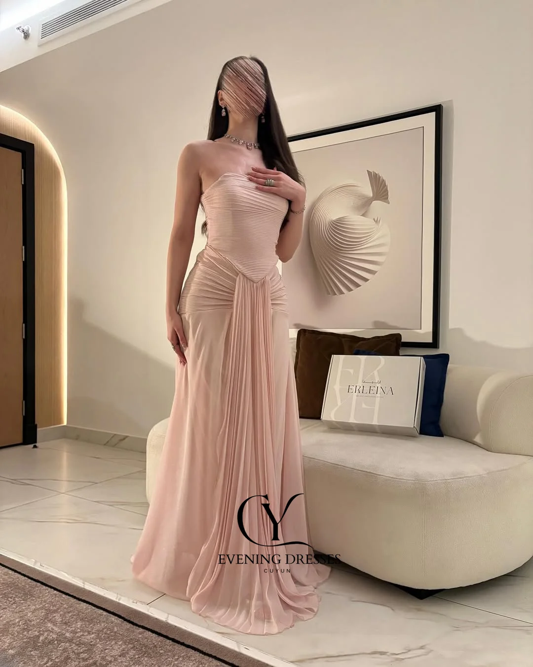 Cuyun personalizado rosa uma linha chiffon maxi vestido de noite sem alças plissado árabe saudita vestido de baile dubai vestido de festa