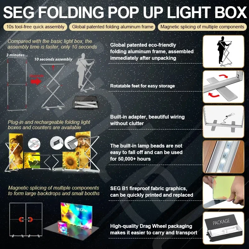 Lintel Agent Wanted 10s Assembly Collapsible Advertising Fabric Led Lightbox Frameless Pop up Foldable Fabric Seg Light Box