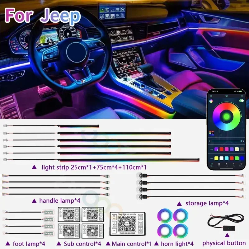 RGB 22in1 Car Interior Acrylic Car Ambient Lights For Jeep  PATRIOT COMMANDER TRAILHAWK LIBERTY RUBICON Car Accessories