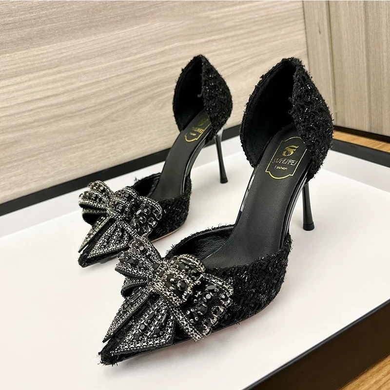Luxury Pearl Crystal Bowtie White Wedding Shoes Women 2024 Spring Brand Designer High Heels Pumps Woman Thin Heeled Party Shoes image 5