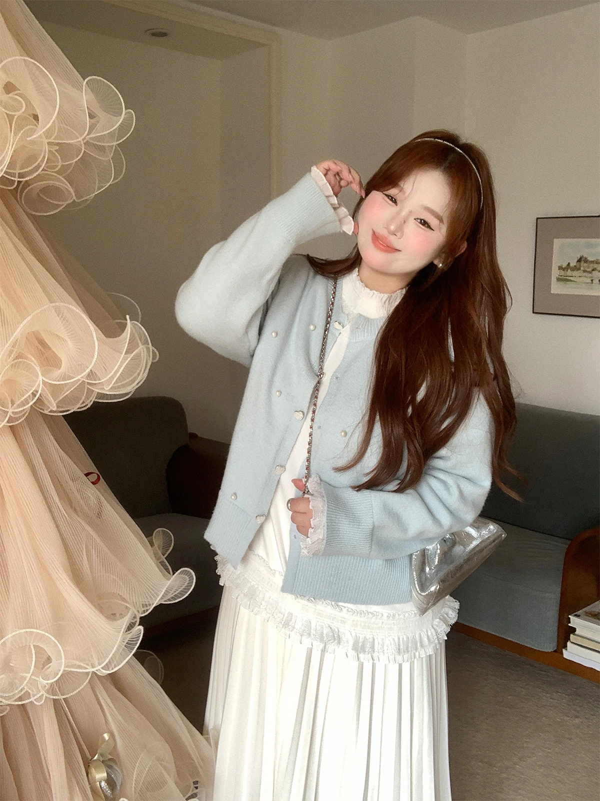 

Синий вязаный кардиган большого размера с длинными рукавами, женский зимний новый свитер с искусственным жемчугом, украшенный искусственным жемчугом, с открытым передом, мягкий, во французском стиле