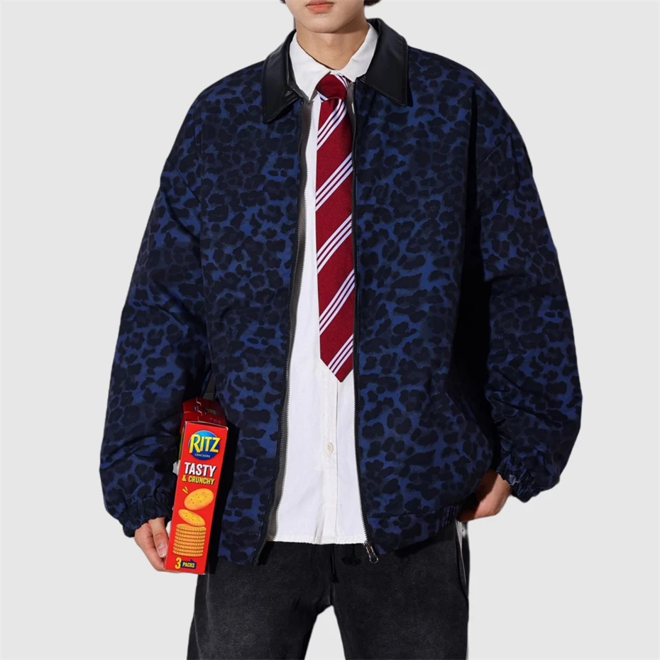 Hip Hop Leopard Jackets Men Streetwear Harajuku Casual Coats Women Oversized Zip Up Unisex 2025 Spring Blue Mens Clothing Jacket