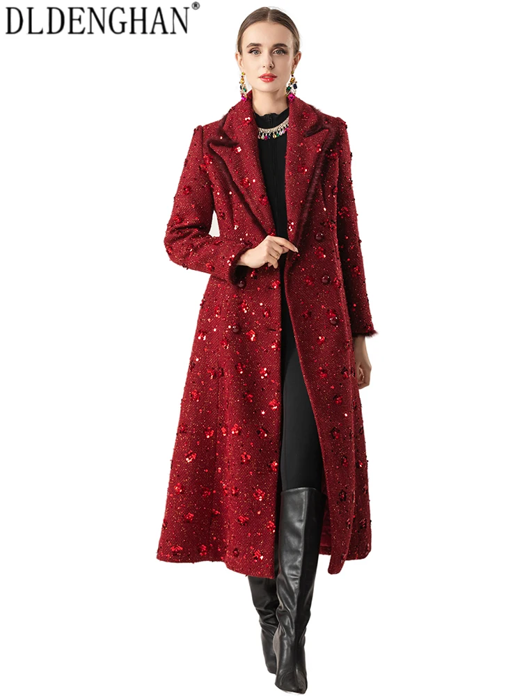 DLDENGHAN Women High Street Lapel Long Sleeves Sequins Double Breasted Autumnal Winter and long Fashion Coat