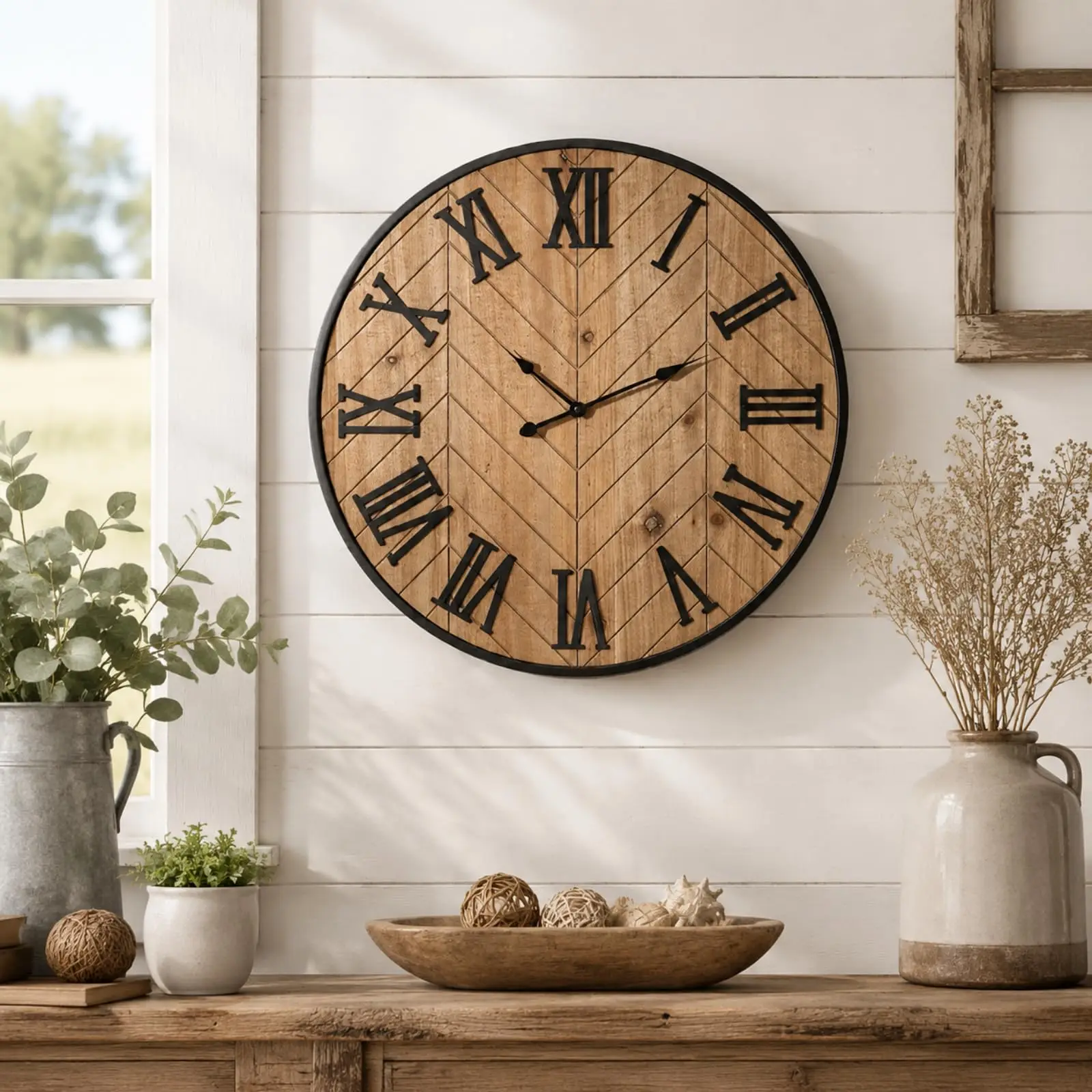 

20 Inch Rustic Wooden Wall Clock With 3D Roman Numerals Herringbone Grain Silent Battery Operated Farmhouse Decor