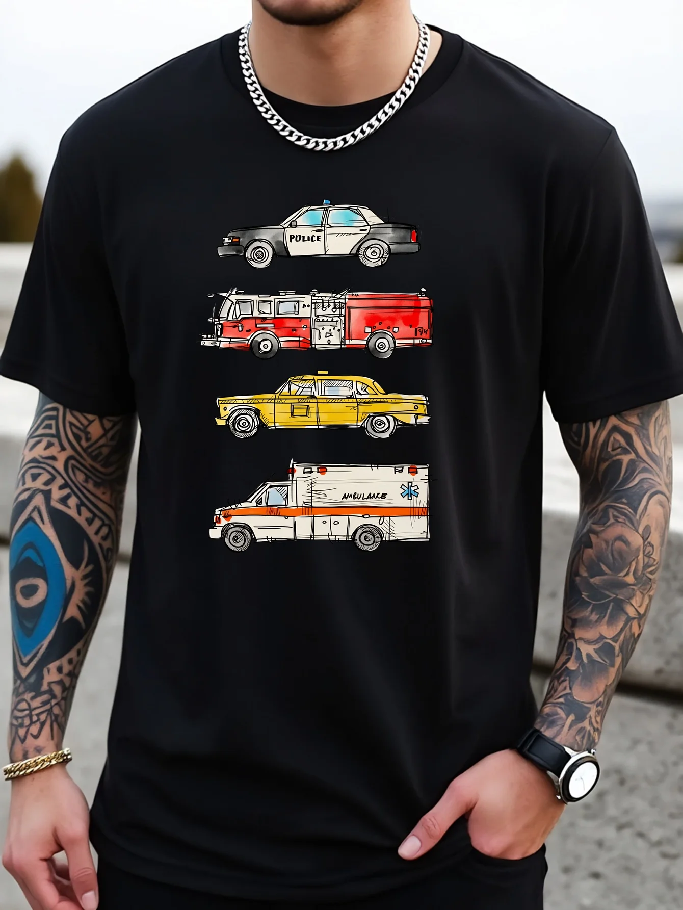 Men Cotton Tee Emergency Car Police Fire Ambulance Graphic Short Sleeve Crew Neck Casual Street T Shirt For Rescuers Summer Tops