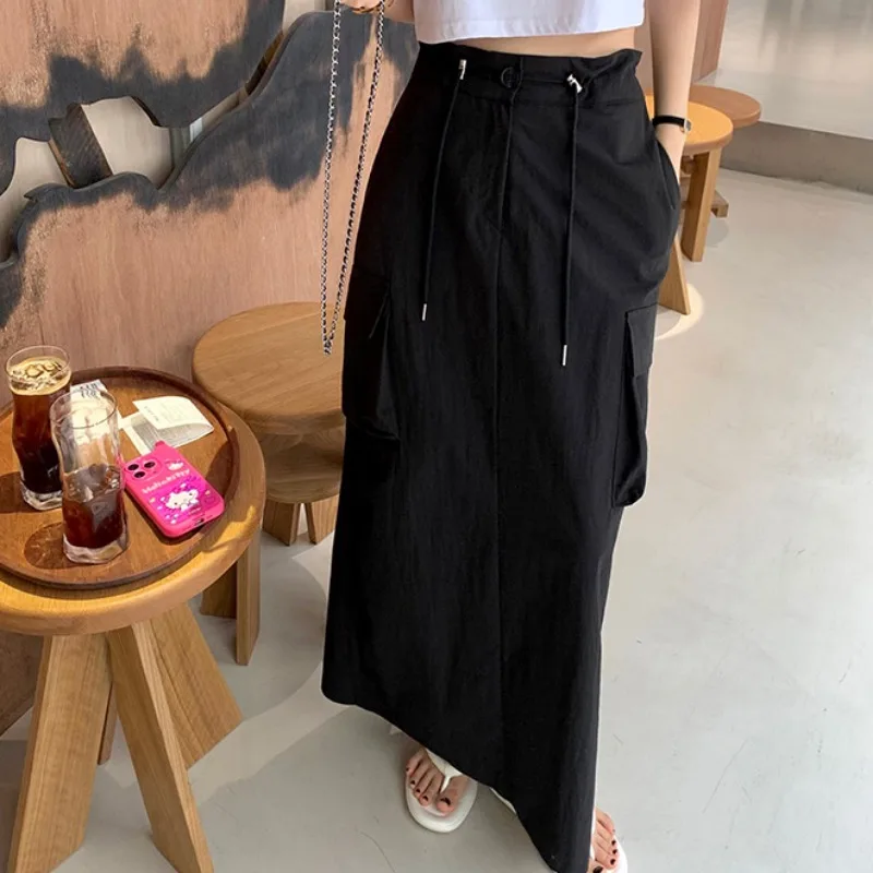 Korean Style Workwear Skirt with Drawstring Waist Cinching Slimming Large Pockets for Women Spring Autumn Winter