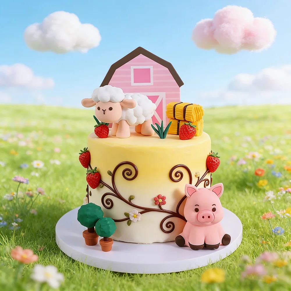 Bauernhoftiere Tortendekoration Lamm Pony Ferkel Küken Heuhaufen Rustikale Kuchendeko für Kinder Happy Birthday Party Tortenzubehör Requisiten
