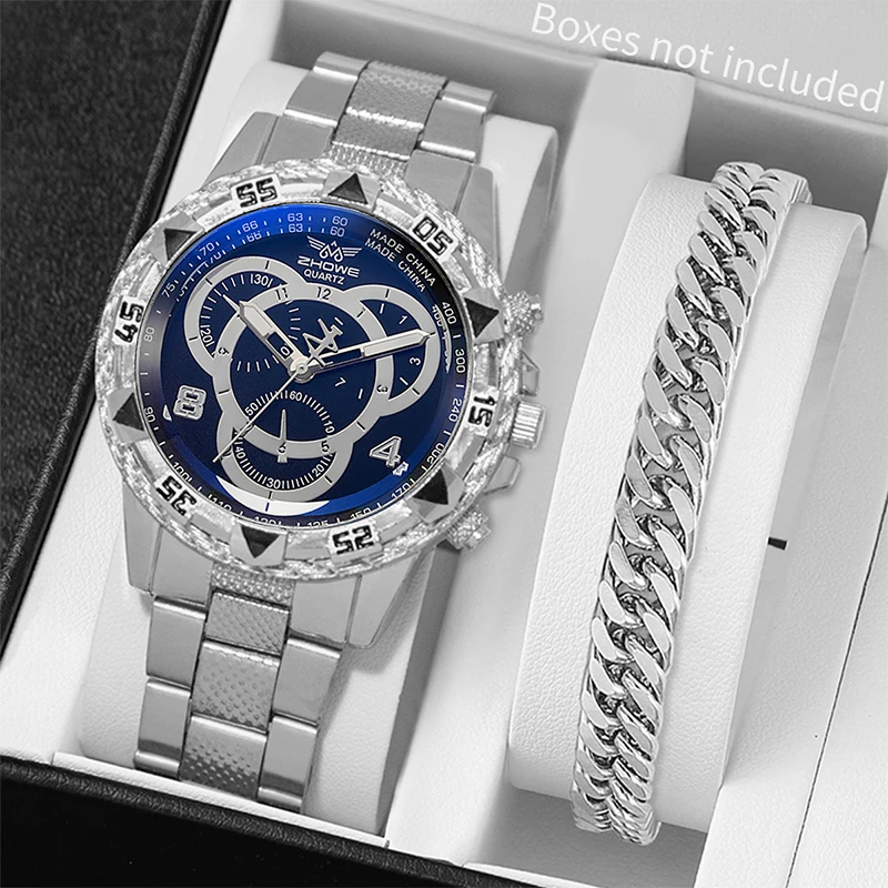 2pcs/set Fashion Men\'s Watch Steel Band Analog Quartz Watches Bracelet Set(Without Box)