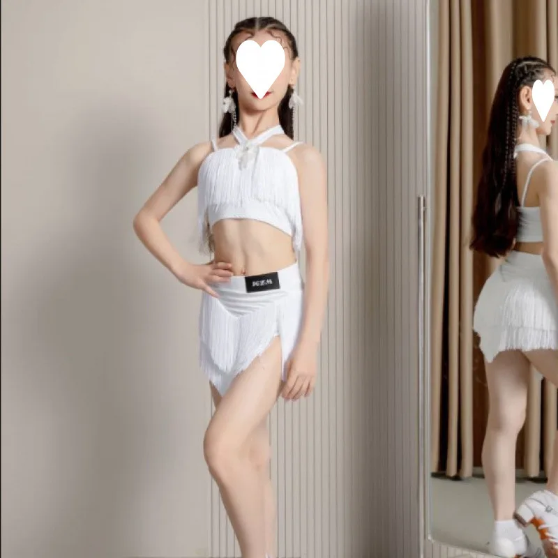 Детский костюм для латинских танцев, костюм для танцевальной практики, белая юбка с кисточками для выступлений