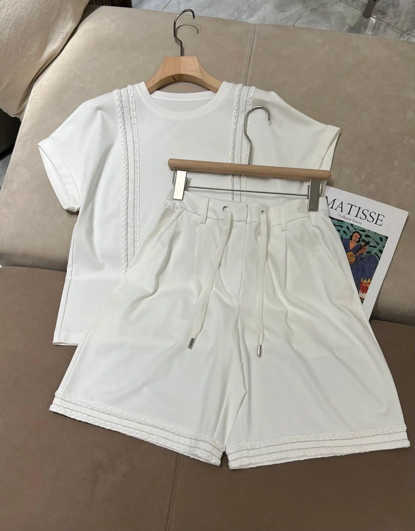 Women's versatile summer gentle lace patchwork solid color short set