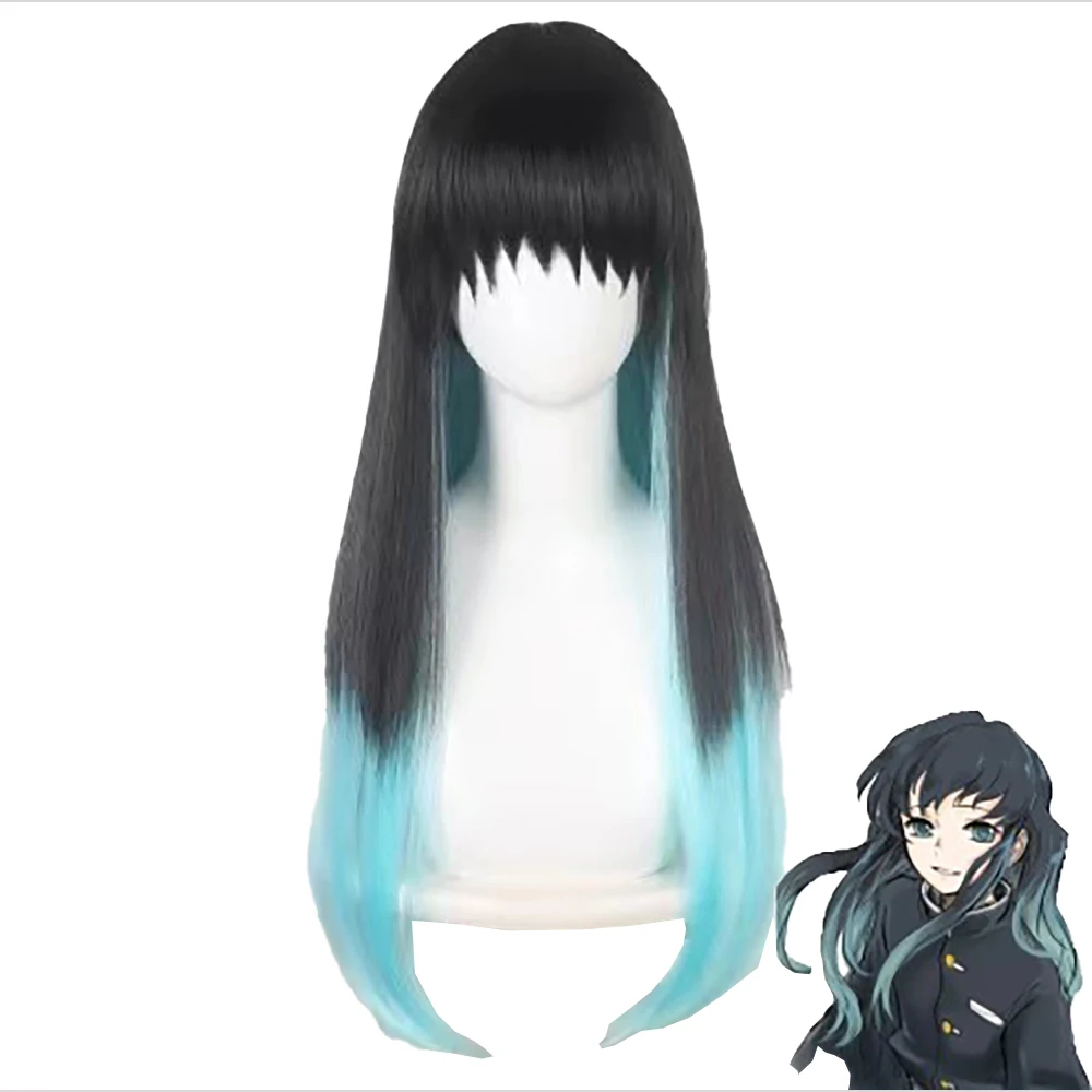 Kostum Anime Demon Slayer: Kimetsu No Yaiba, Rambut Lurus Panjang 32 Inci dengan Wig Halloween Gradasi Hitam dan Biru