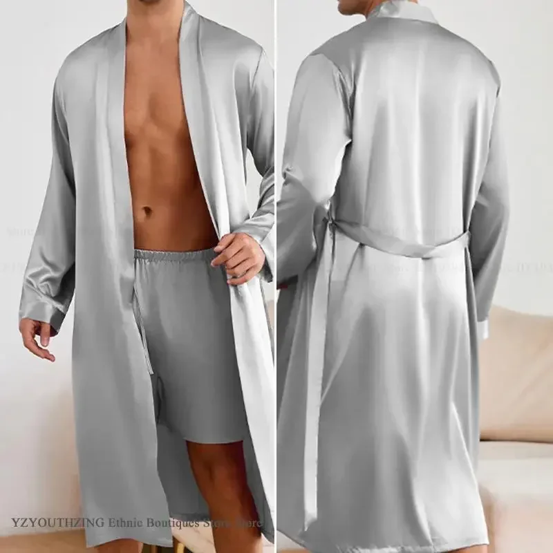 남성 롱 로브 숏 파자마 세트 봄 여름 잠옷 루즈 캐주얼 기모노 목욕 가운 실키 새틴 홈웨어 라운지웨어