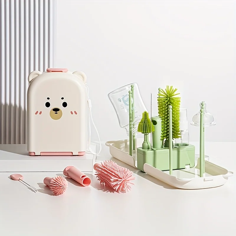 

12pcs/pack Cute Bear Portable Silicone Bottle Brush Set with Case: Including Bottle Brush, Nipple Brush, Straw Brush,Spray Bottle,Bottle Rack, Milk Bottle Cleaning Brush Set,Perfect for Outdoor Travel