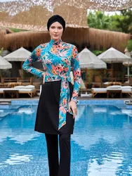 Muslim Swimwear Women Modest Patchwork Hijab Long Sleeves Sport Swimsuit 3pcs Islamic Burkinis Wear Bathing Suit