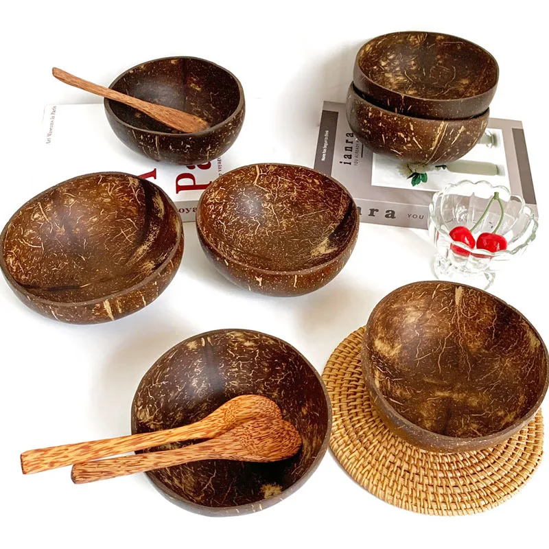 Cuenco de cáscara de coco Natural, cuenco de arroz de madera de cáscara de coco antigua, cuchara, producto de fruta, cuenco de almacenamiento de ensalada para comedor, vajilla de cocina