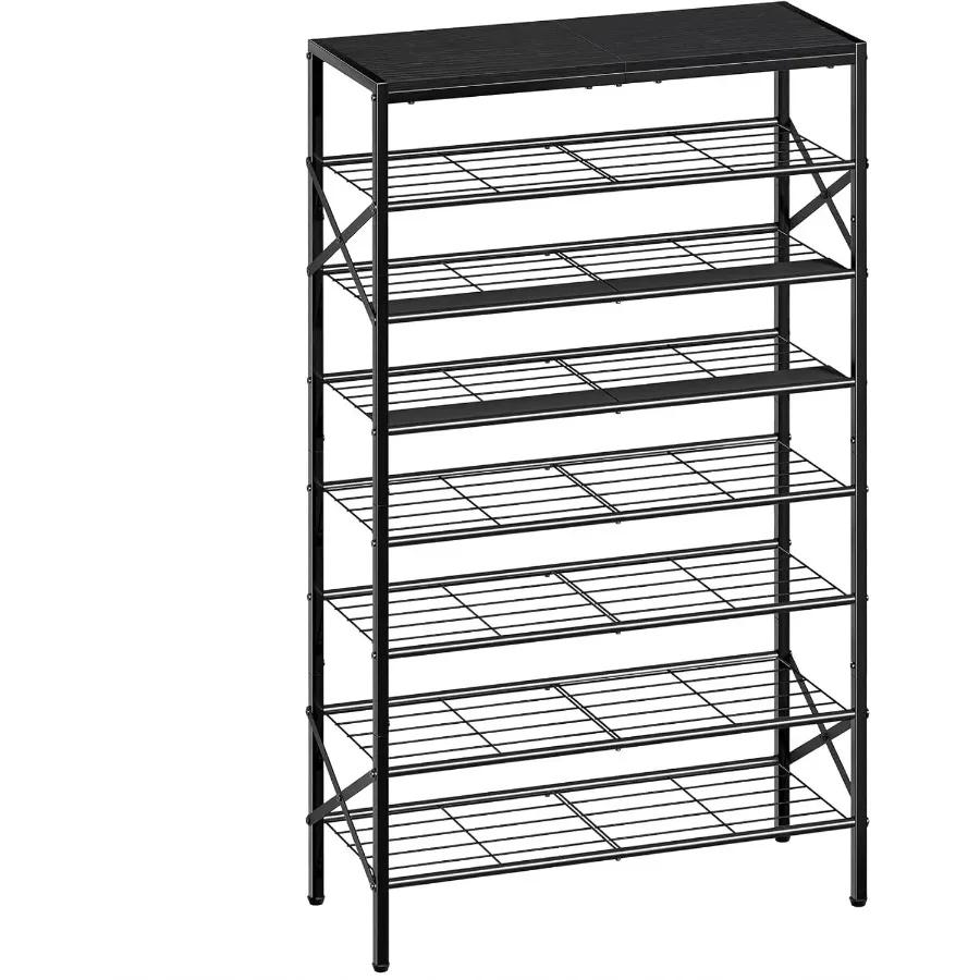 

8-tier 24-32 pairs metal shoe rack with wooden top shelf, suitable for multiple scenarios