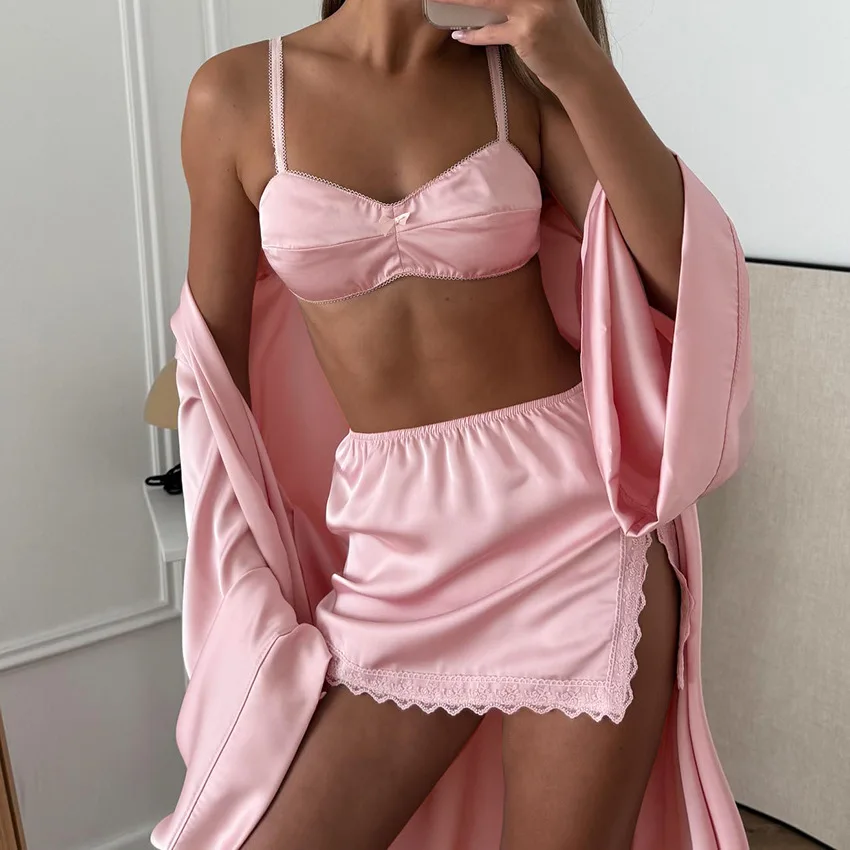

Hiloc Pink Elegant Satin Women's 3 Piece Set Pajamas Sexy Lace High Waist Split Skirts With Long Robe Bra Loungewear 2026 Spring