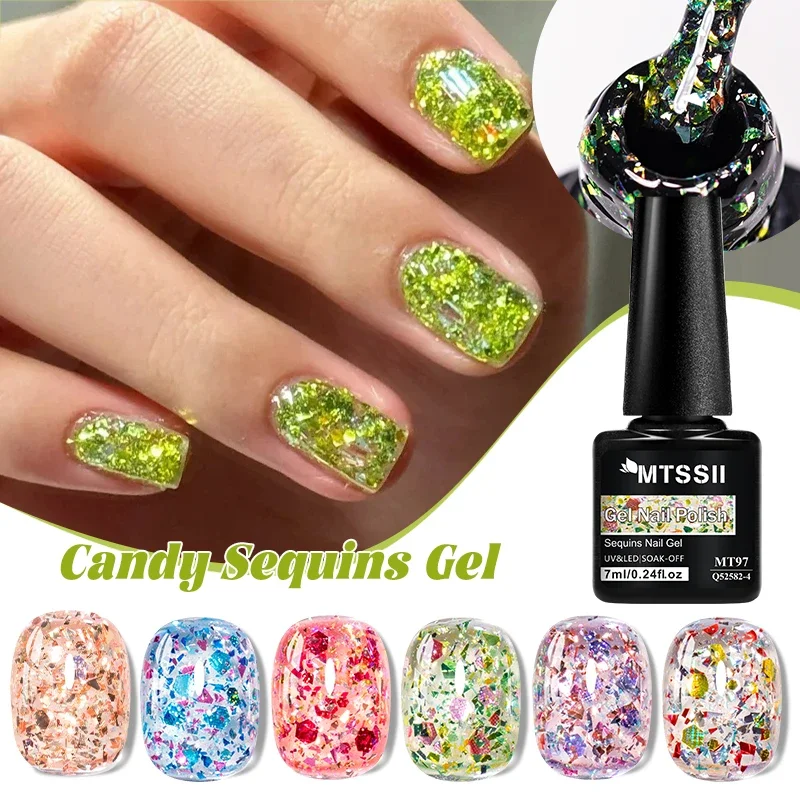 MTSSII Green Candy Sequins Gel Nail Polish Sparkly Glitter Sequins Nail Gel Semi Permanent Soak Off Art Varnish Manicure Design