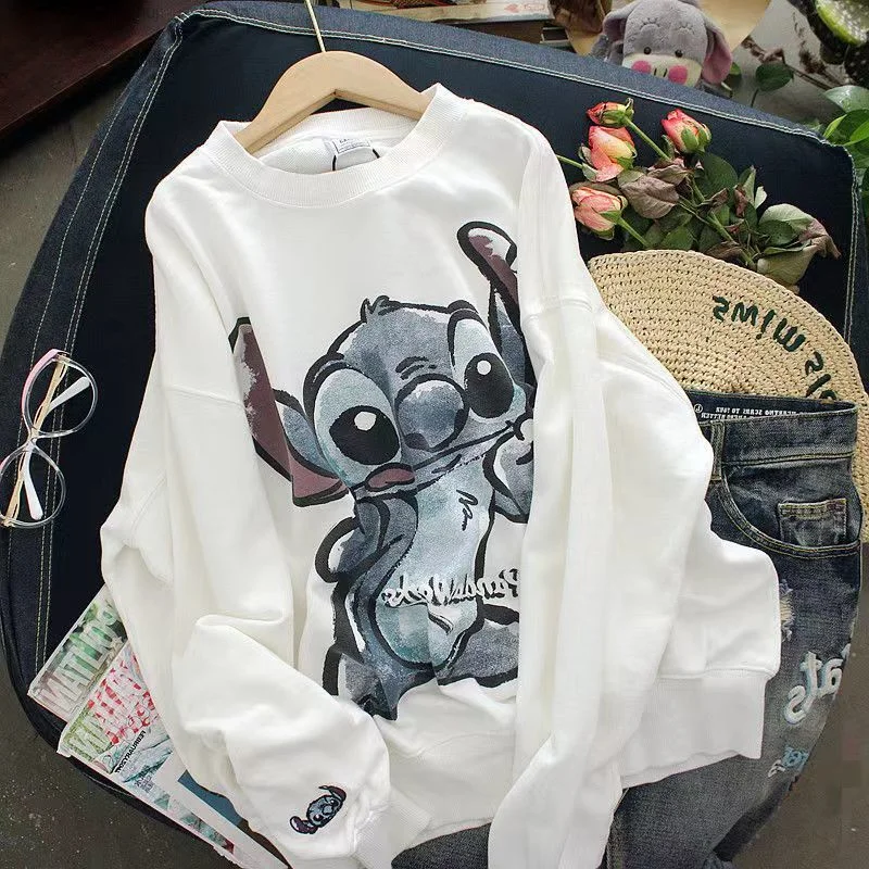 Disney Stitch Y2k Print Hoodie Girls Loose Hip Hop Yk2 Grunge Pullover Top Long Sleeve Streetwear Couple Korean Style Swearshirt