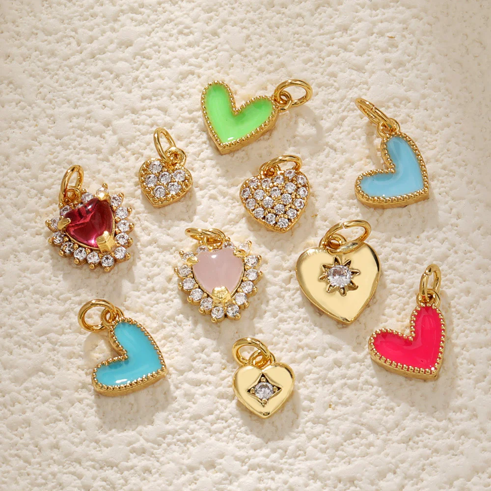 Copper Gold Plated Heart Charms Mini Earring Pendant Diy Pink Crystal Exquisite Jewelry Making Supplies Trinket Blue Phone Charm