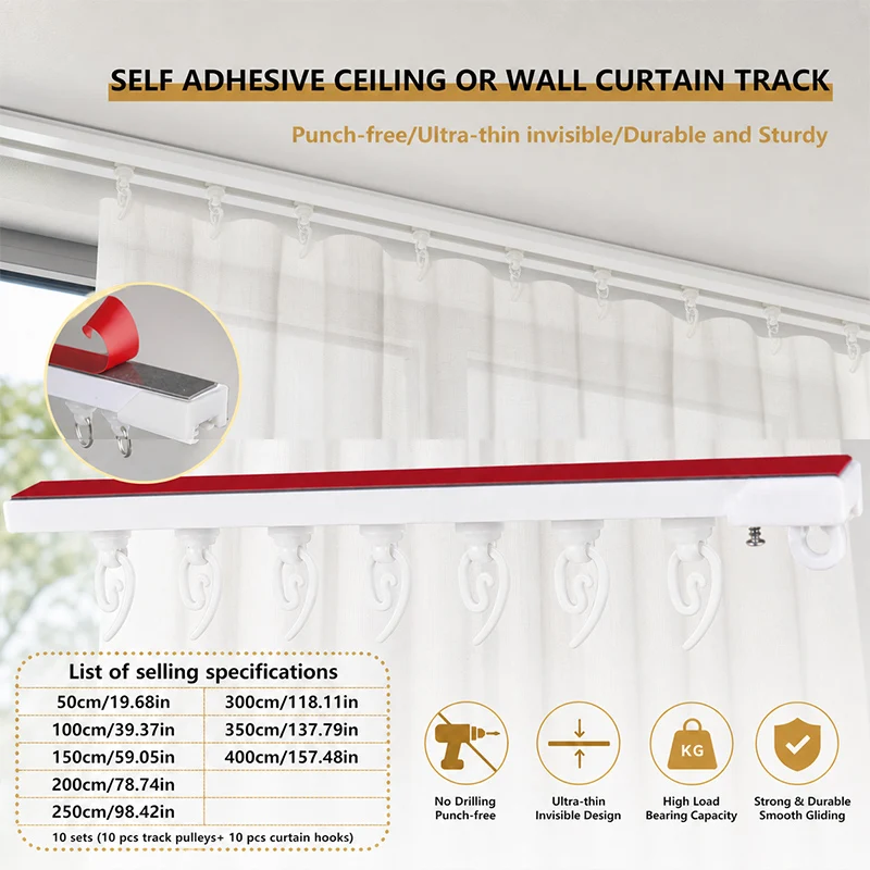Slim Self Adhesive Curtain Track No Drill Ceiling Wall Mount Curtain Rail Low Profile Room Divider with sharp Hooks for RV Showe