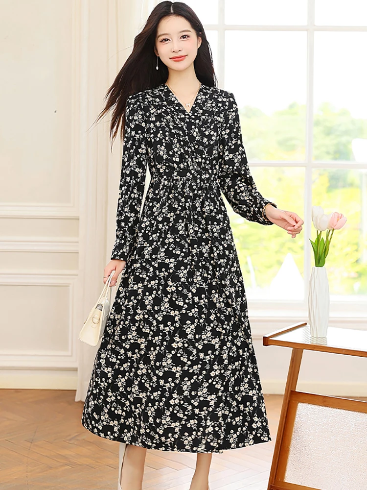 Primavera otoño negro gasa blanco Floral vestido largo 2025 coreano Vintage ropa de fiesta de lujo mujeres de manga larga vestido de fiesta con cuello en V