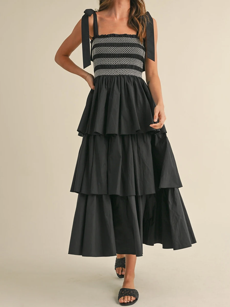 Abito da donna con spalline allacciate di nuova moda Abito estivo senza maniche con busto smock Abito con volant a strati Abito lungo fluido SML