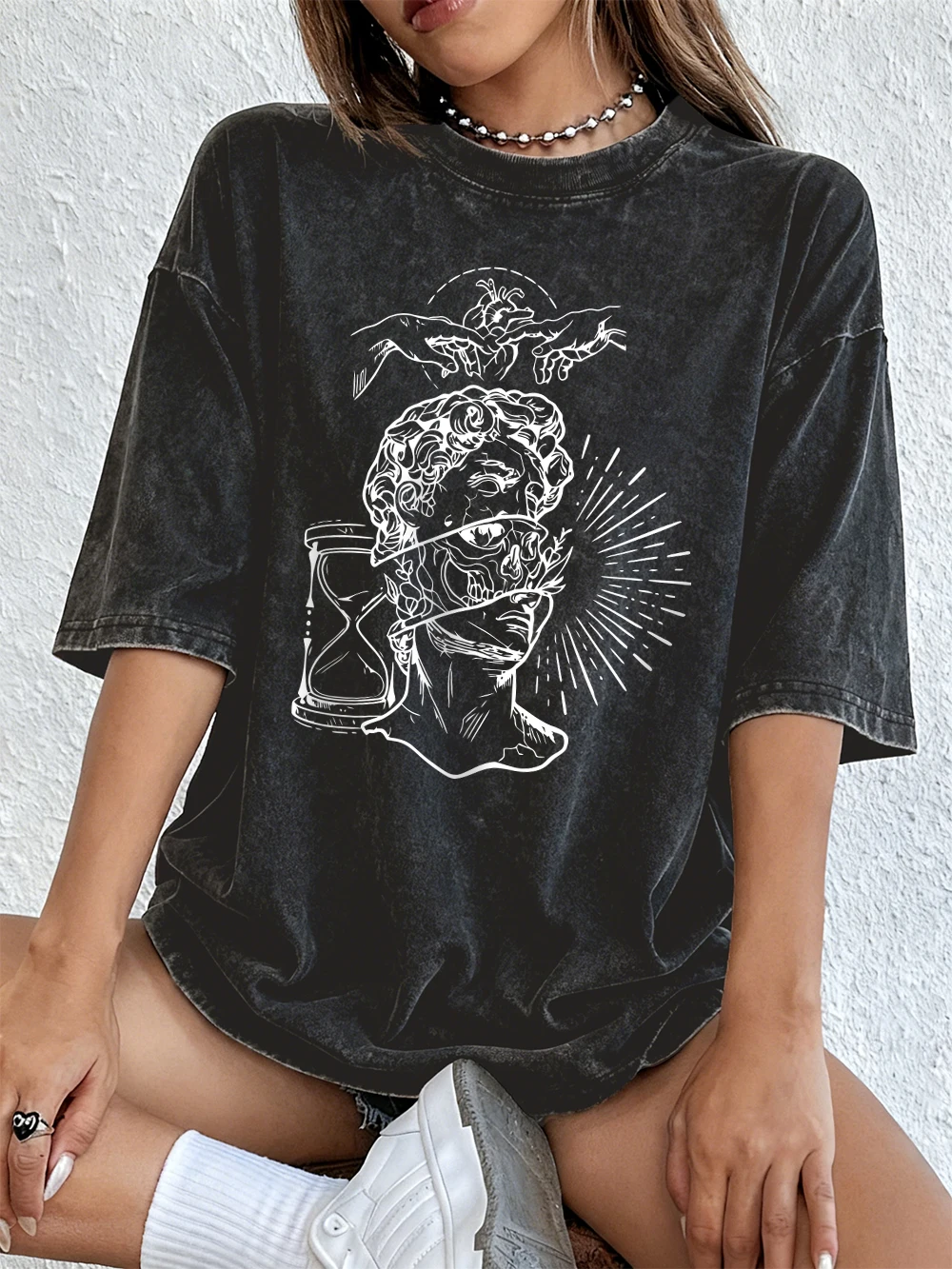 David Sculpture Head Prints Washed T-Shirts Womens Cotton Oversize T Shirt Casual Short Sleeve Tops Summer O-Neck Woman Clothes