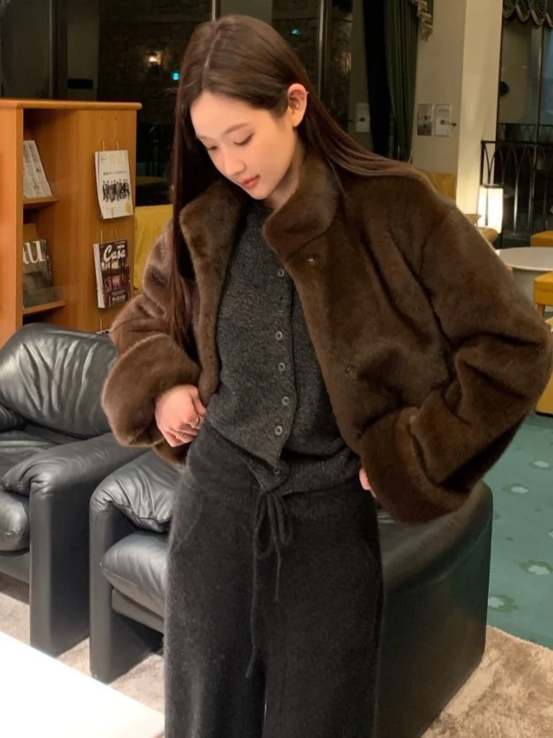 시크한 여성 코트 럭셔리 따뜻한 인조 모피 아우터웨어 한국 스타일 루즈핏 겨울 패션 개성