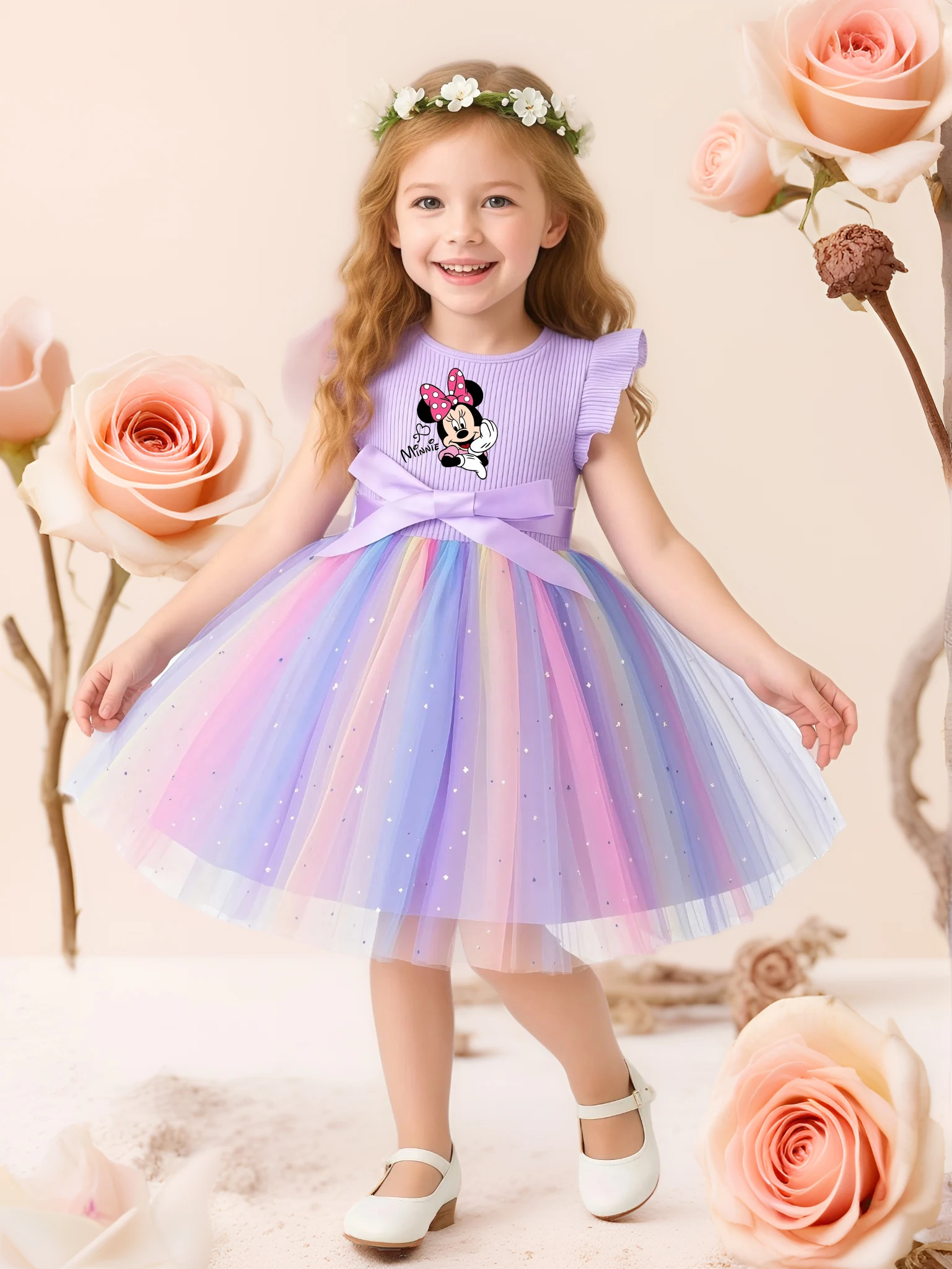 

Mickey Minnie Sweet Girls Flying Sleeves Bow Sequin Dress Kids Baby Girl Birthday Party Fluffy Tutu Princess Dress 1-5Y
