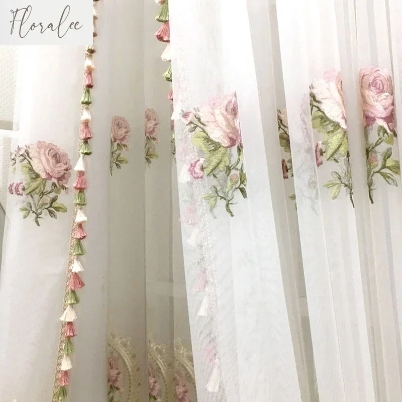 Luxury White Embroidery Flowers Curtains for Living Room Bedroom Window Screen Panels Tassel Tulle Sheer Elegant Home Decor