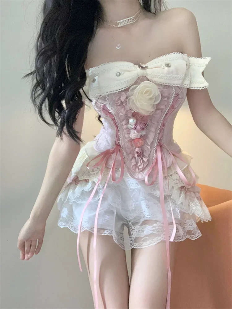 New Summer Gothic Punk Splicing Bandage Lace Backless Casual Hot Girl Top Streetwear Sexy Women Pink Slim Vest Suit