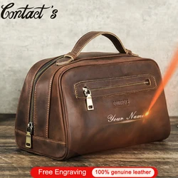 Contact's Men Vintage Travel Toiletry Bag Male Genuine Leather Cosmetics  Storage Pouch Portable Large Capacity Travel Wash Bags