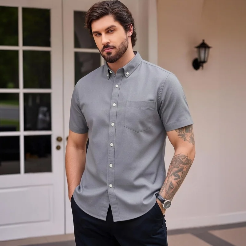 Men's short-sleeved pure-color Oxford fabric shirt - Simple and versatile, easy to wear and never needs ironing, trendy style