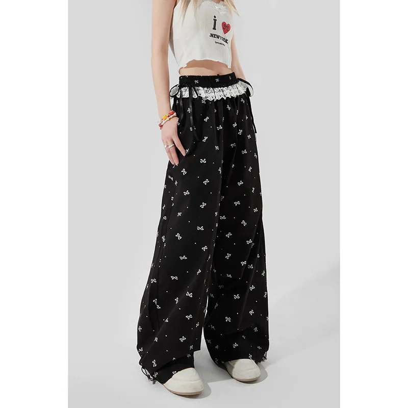 Black Bow Lace Wide Leg Pants For Women 2024 Summer New Polka Dot Print High Waist Slimming Casual Long Pants