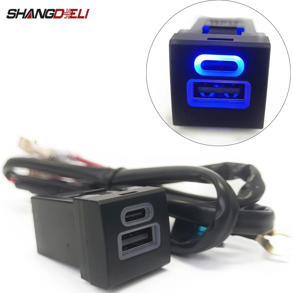 12V/24V Auto-Telefonladegerät Typ C PD USB Blaues LED-Licht Dual-Ladeadapter-Buchse Passend für Toyota Corolla