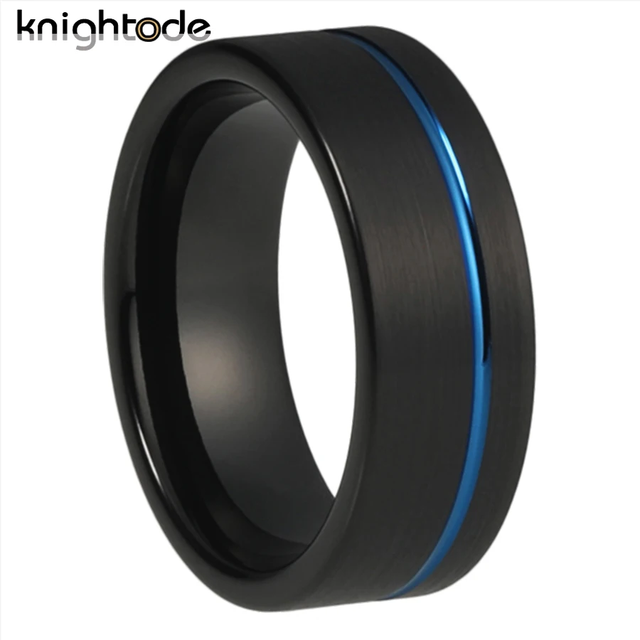 8mm Black Tungsten Carbide Rings Blue Groove Fashion Wedding Band For Men Women Birthday Party Jewelry Flat Brushed