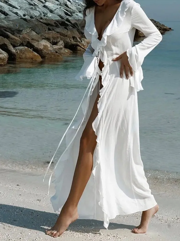 

Sexy V Neck Ruffled Long Sleeve Smock Beach Dress Women High Waist Beach Vacation Dresses 2025 New Summer Beach Cover Ups Dress