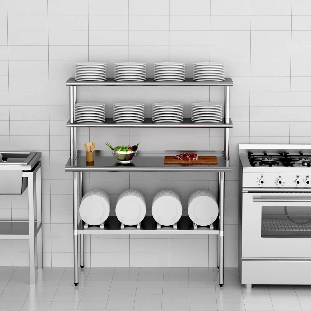 Double Overshelf 2 Tier Stainless Steel Shelf 12 x 60 Inches, Weight Capacity 400 lb for Prep & Work Table in Restaurant