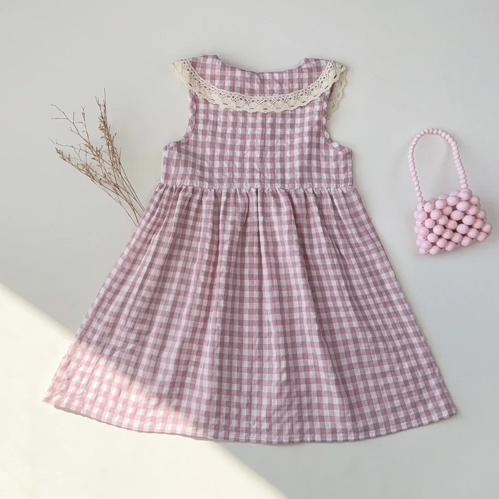 Casual Landschaft Stil Sommer Neue Spitze Revers Ärmelloses Plaid Kleid für Mädchen Süße Kleidung Koreanische Version – Detail 9