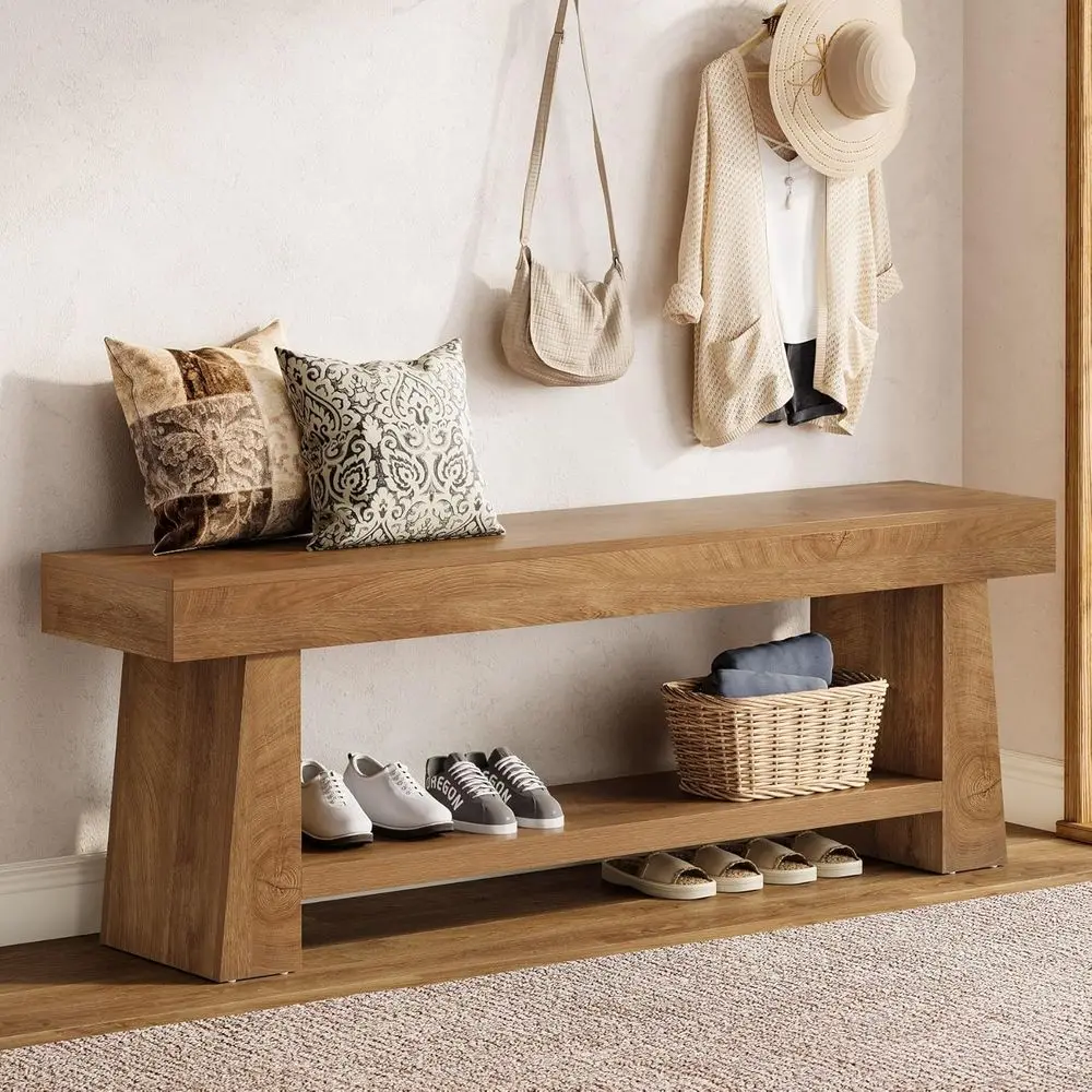 63 Long Wooden Entryway Bench with Shoe Storage, 2-Tier Seating and Open Shelves for Indoor Use, Brown